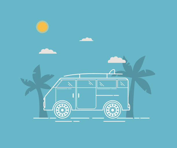 带有线性棕榈树的旅游面包车是一个矢量。家庭旅行巴士。乡村休息的夏季货车。图片下载