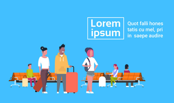 候机人员与行李坐在机场休息室概念模板背景图片下载