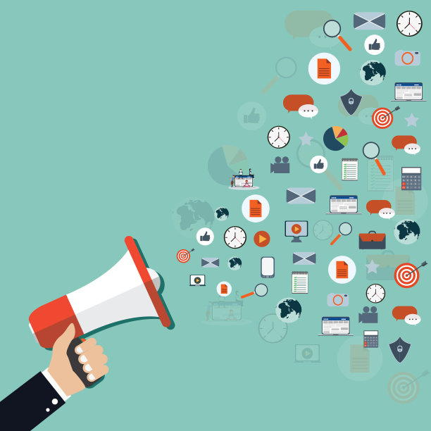 数字营销概念的扩音器和不同图标的说明图片下载