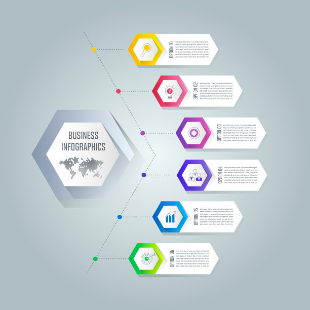 信息图设计业务概念与6个选项，部分或过程。素材图片