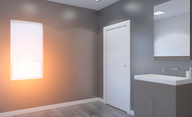 斯堪的纳维亚浴室，经典复古的室内设计。3 d渲染。日落。图片下载