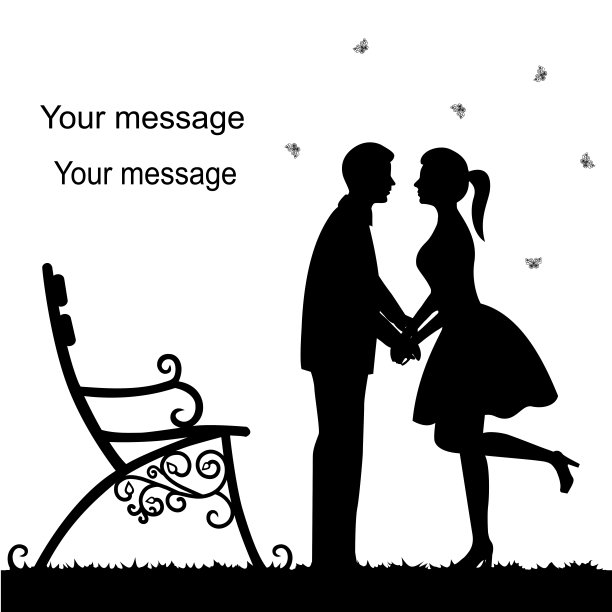 情人节。一张有一对夫妇的卡片，白色的背景和一张长凳。图片下载