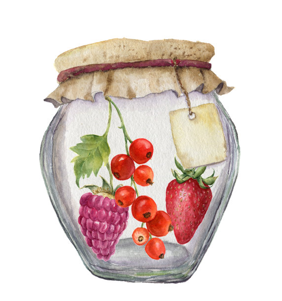 水彩玻璃罐果酱与标签的铭文和浆果。插图孤立在白色背景上。为设计，纺织和背景。图片下载