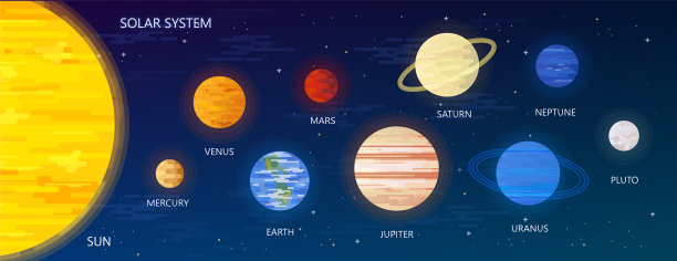 太阳系与太阳轨道和行星在深蓝色背景平面矢量插图素材图片