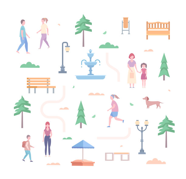 城市公园元素——集现代平面设计风格对象图片下载