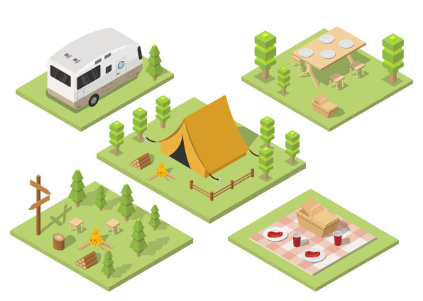 等距野营和远足插图野餐矢量图片下载