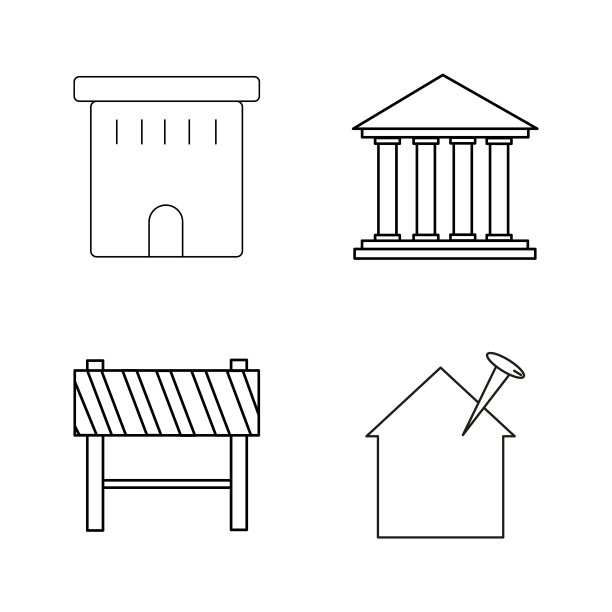 建筑和建筑简单的线性轮廓矢量图标集。图片下载