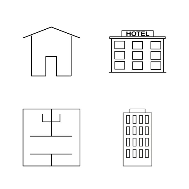 建筑和建筑简单的线性轮廓矢量图标集。图片下载