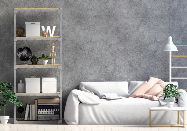 对比现代室内斯堪的纳维亚风格，由一个架子与植物和装饰，沙发和墙壁装饰石膏。墙模型。三维演示图片下载
