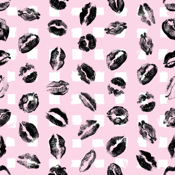 XOXO风格的吻刷grunge和口红亲吻污渍无缝弹出背景。接吻日，情人节的背景，爱情时尚。向量。图片下载