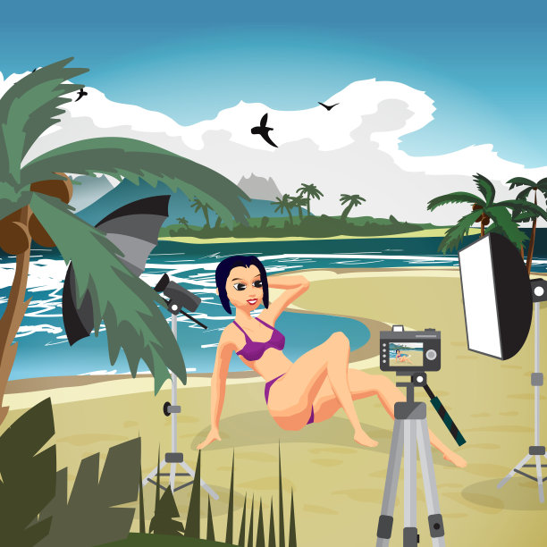 穿着泳衣的年轻女子坐在沙滩上摆姿势图片下载