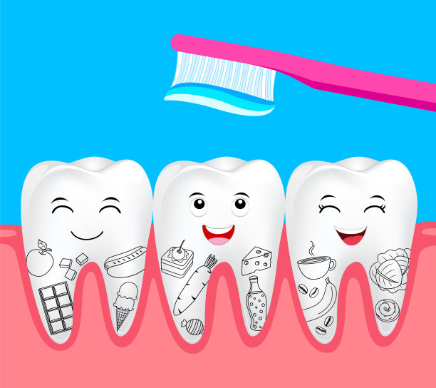 可爱的卡通牙齿人物与食物和牙刷。素材图片