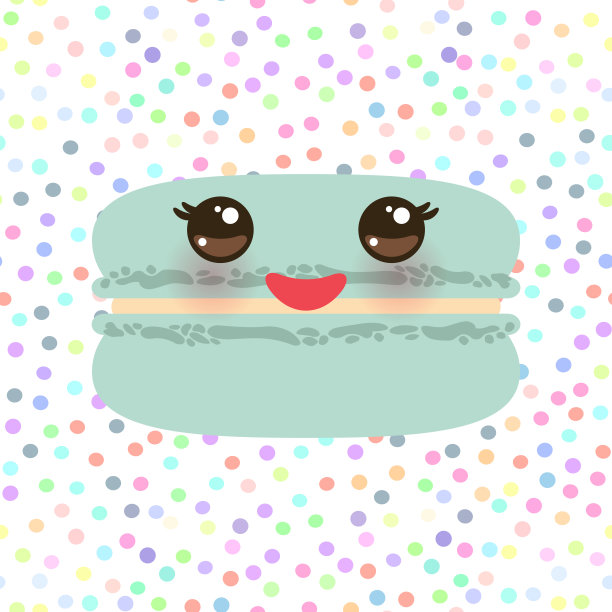 卡片设计薄荷蓝色卡哇伊马卡龙粉红色的脸颊和大眼睛，柔和的颜色波尔卡点背景。向量图片下载