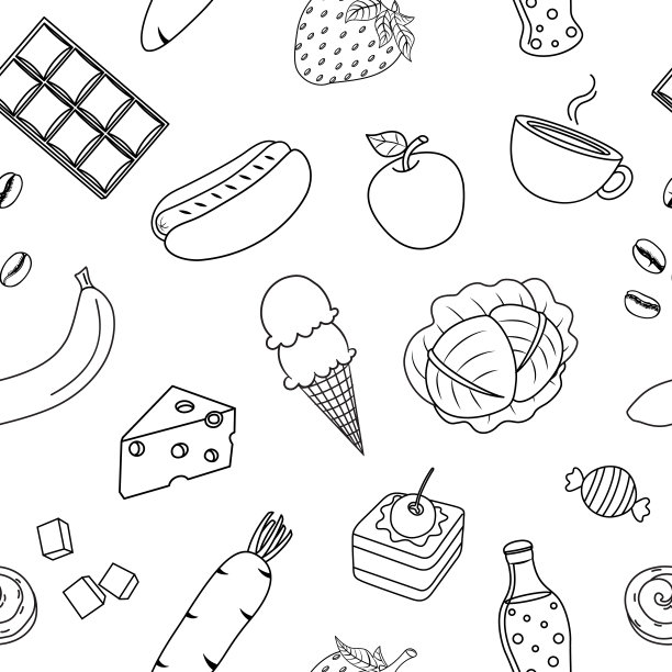 可爱的卡通轮廓食物。无缝模式。图片下载
