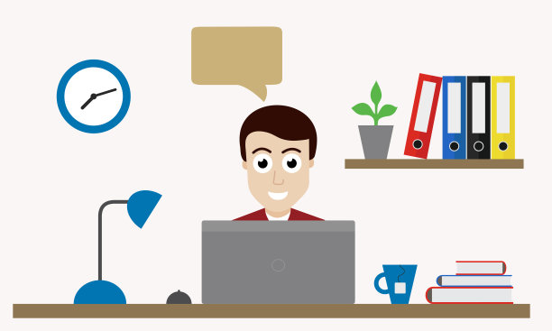 有笔记本电脑的人，在办公室工作，桌子后面有灯和书-矢量平面插图图片下载