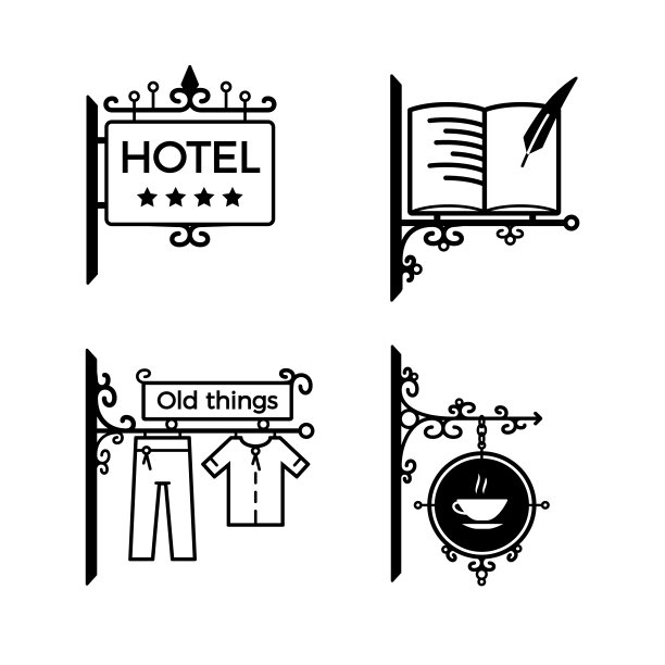 老式的现代招牌，广告牌。酒店、图书馆、商店、咖啡厅的招牌图片下载