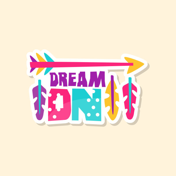 创意文字Dream On和民族元素，可爱的贴纸在明亮的颜色，时尚贴片矢量插图，卡通风格图片下载