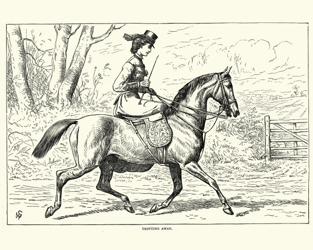 维多利亚时代的女人，骑着侧马鞍，快步离开，19世纪图片下载