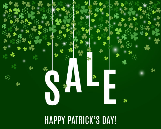 帕特里克的日销售横幅模板与三叶草叶在深绿色的背景。向量图片下载