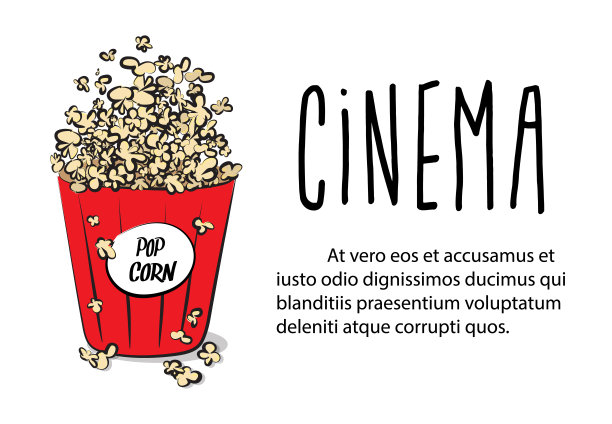 用红色大纸盒装爆米花。电影院的盒子和新鲜的小吃。素描漫画插图。广告传单图片下载