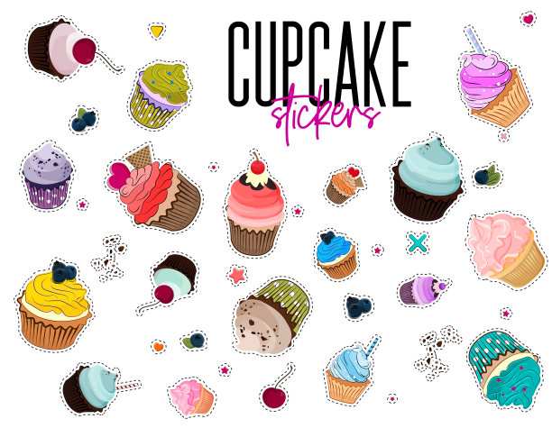 矢量多色烘焙贴纸。带松饼的食物夹。卡通纸杯蛋糕套装。甜食夏季收藏。巧克力和浆果的奶油蛋糕，可爱的装饰图片下载