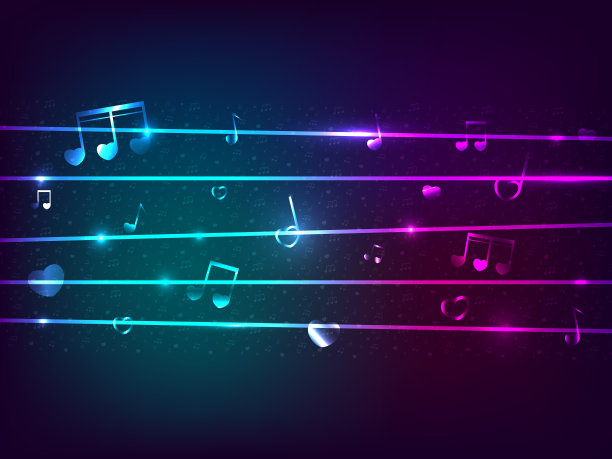 矢量氖光音乐音符在深蓝色的背景。图片下载