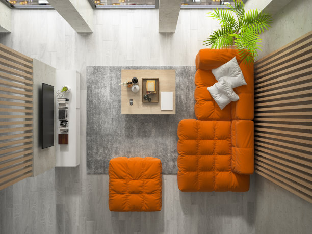 室内现代设计房间俯视图3D插图图片下载