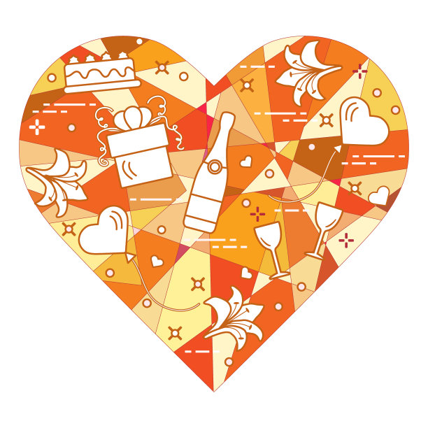 镶嵌心形的礼物，气球，蛋糕，百合，高脚杯，瓶子。情人节贺卡。图片下载