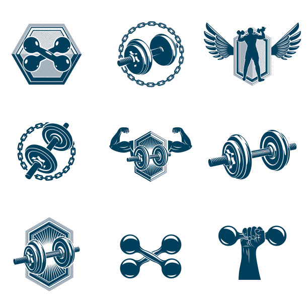 矢量力量举重主题插图收集使用哑铃和光盘重量运动设备。健美运动员的身体轮廓。图片下载