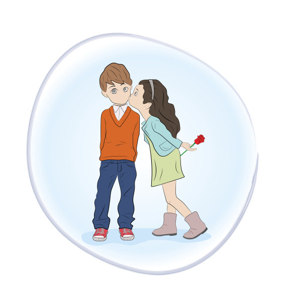 女孩吻了男孩的脸颊。情人节。矢量图图片下载