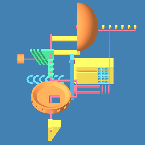 三维几何色彩构成。抽象艺术。橙色，粉色，蓝色，绿色，黄色的形状。图片下载