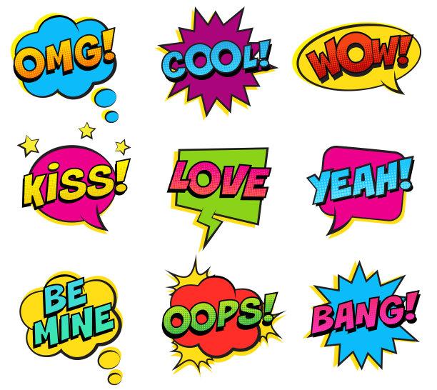 复古色彩的喜剧演讲气泡设置在白色的背景。BANG, OMG, LOVE, BE MINE, YEAH, OOPS, KISS, COOL, WOW。图片下载