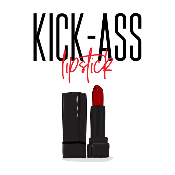 矢量踢屁股口红海报。有趣的女人时尚插画海报。豪华化妆品，红色唇彩。化妆美容印花。图片下载