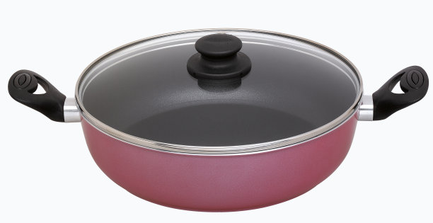 粉红色特氟龙平底锅，玻璃盖，白色底色图片下载