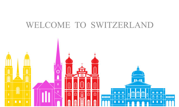 瑞士集。白色背景上孤立的瑞士建筑图片下载
