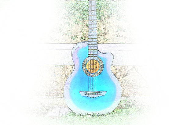 抽象彩色吉他上的铅笔素描水彩画背景。图片下载