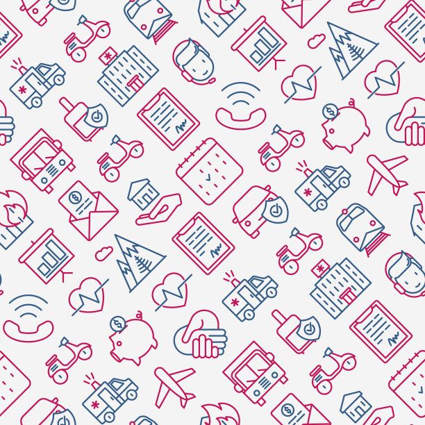 保险无缝模式与细线图标:健康、生活、车、房、储蓄。现代矢量插图横幅，网页模板，印刷媒体。图片下载