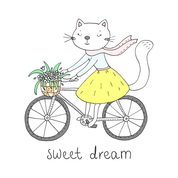 带着自行车和花的猫。向量打印图片下载
