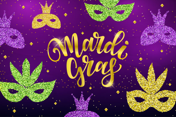 四旬斋前的字母。问候横幅与闪闪发光的黄金面具图片下载