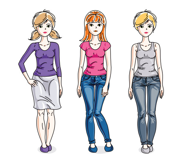 快乐漂亮的年轻女子站着穿着时尚的休闲装。矢量集美丽的人插图。图片下载