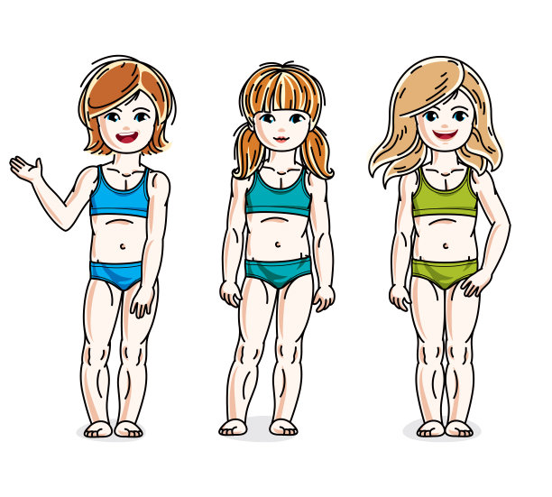 快乐的小女孩穿着五颜六色的比基尼摆姿势。矢量集美丽的孩子插图。童年和家庭生活方式剪辑艺术。图片下载