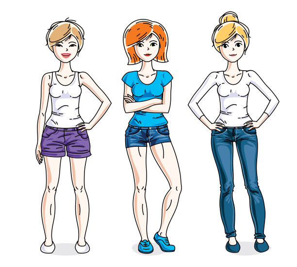迷人的年轻女子群站在时尚的休闲装。矢量人插图集。身材苗条，身材完美的女性。图片下载