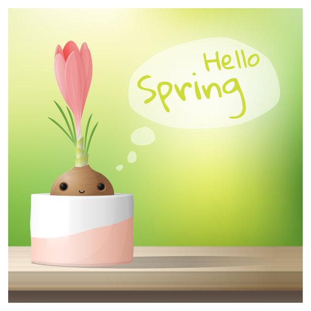 你好春天的背景与春天的花番红花生长在一个花盆上的木制桌面，矢量，插图图片下载