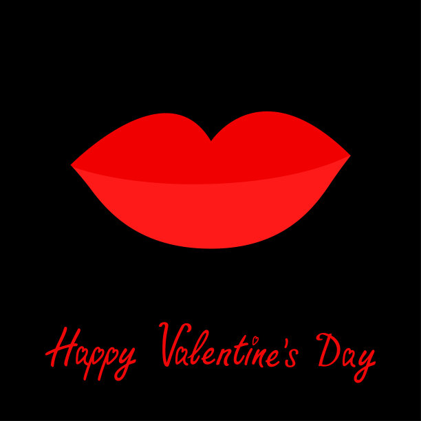 情人节快乐。爱的名片。大而厚的红唇在黑色的背景上。孤立的平面设计图片下载
