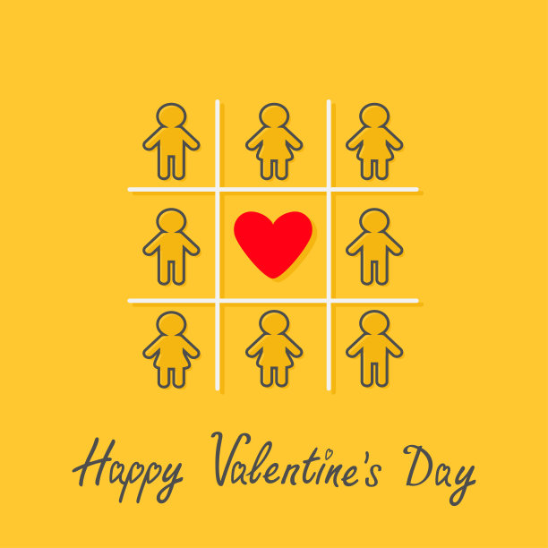 情人节快乐。爱的名片。男人女人轮廓线图标的tac - toe游戏。红心标志黄色背景平面设计图片下载