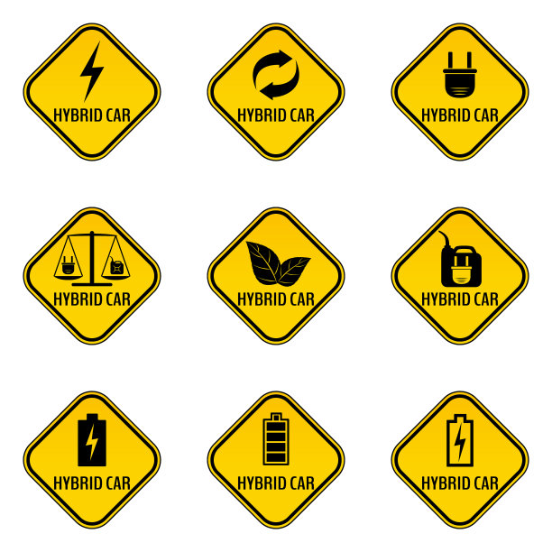 一套混合动力汽车警告贴纸。节能汽车的警示标志。图片下载