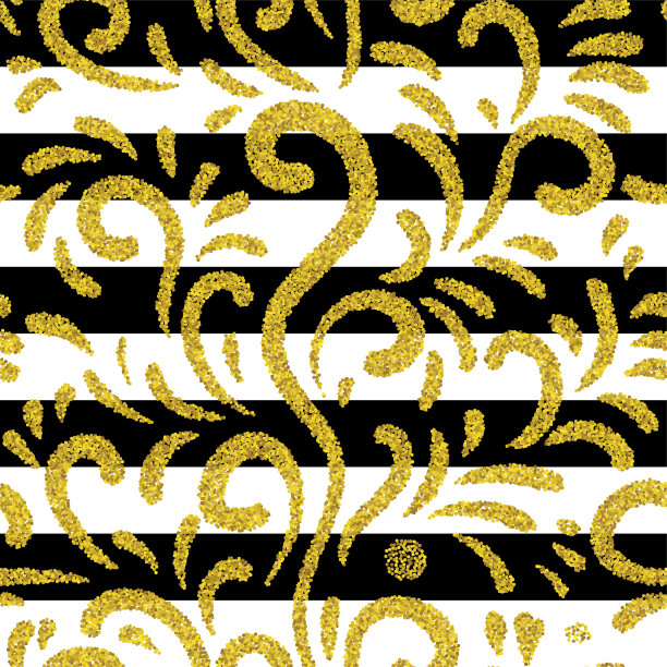 无缝向量与抽象的花纹理的黑白条纹。金色的背景。图片下载