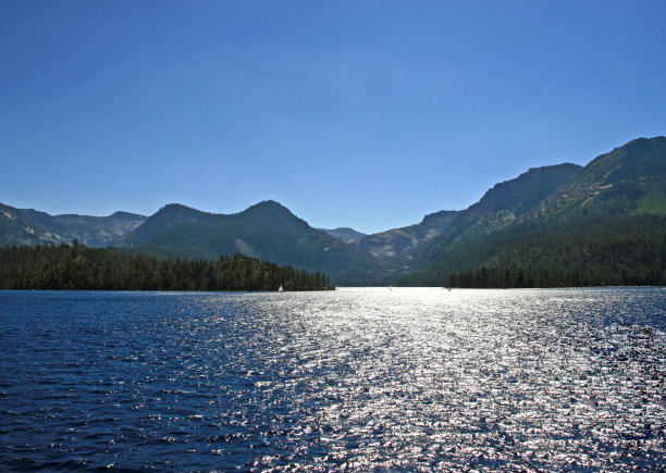 下午晚些时候，太阳在塔霍湖内华达山脉反射图片下载