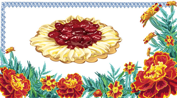 镜框鲜花万寿菊樱桃蛋糕标签图片下载