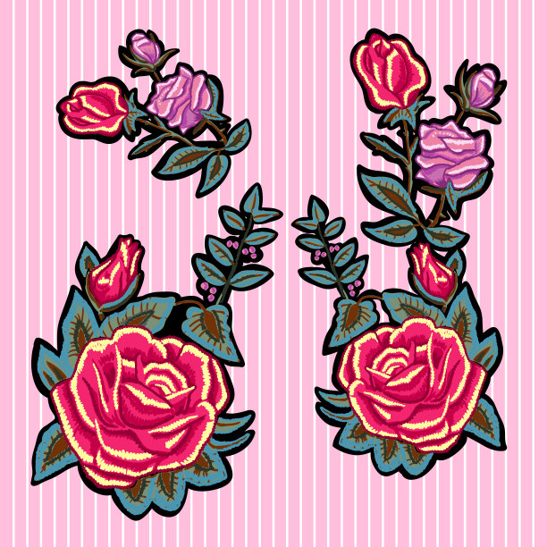 刺绣趋势花补丁与红色和粉红色的玫瑰。图片下载